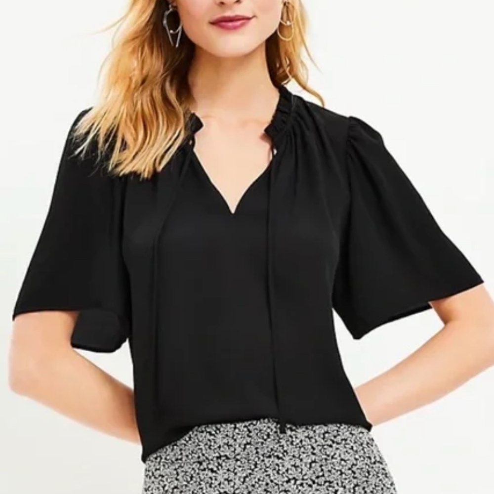 Ann Taylor LOFT Ruffle Tie Neck Mixed Media Top, Black, Size Small